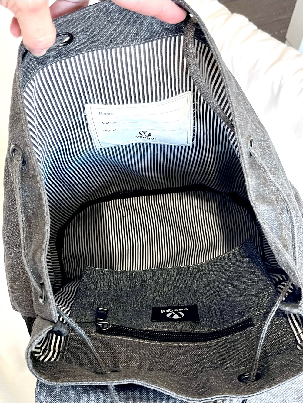 Veegul Charcoal Gray Canvas Vintage Rucksack Laptop Backpack Striped Lining - Picture 8 of 8